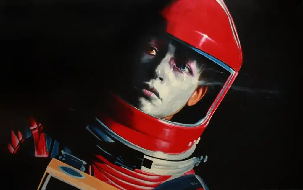 a person in a red space suit